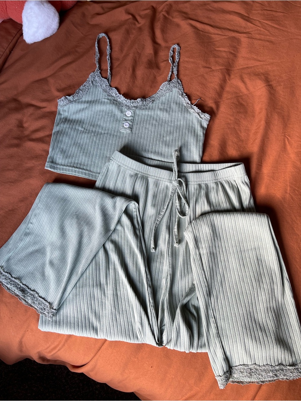 SHEIN Sage Green Ribbed Lace-Trim Cami & Lounge Shorts Set